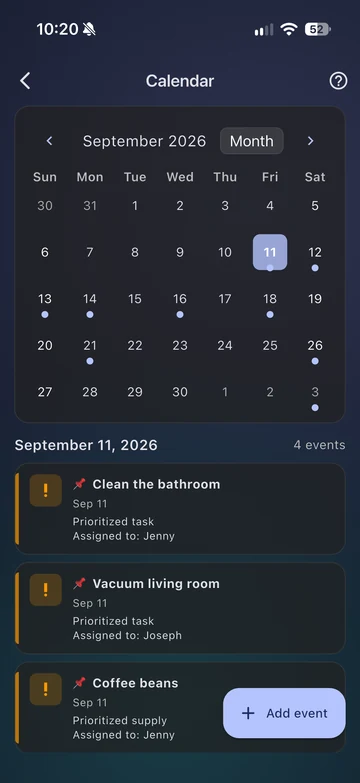 September calendar with household events and scheduled items