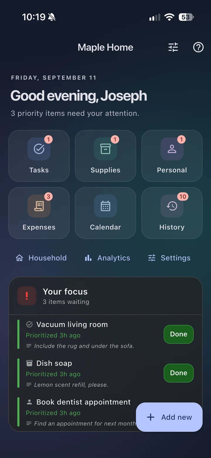 Respos dashboard showing household categories, priority items, and recent activity in Maple Home