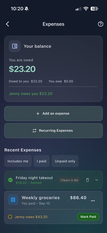 Expense balances and a list of shared purchases