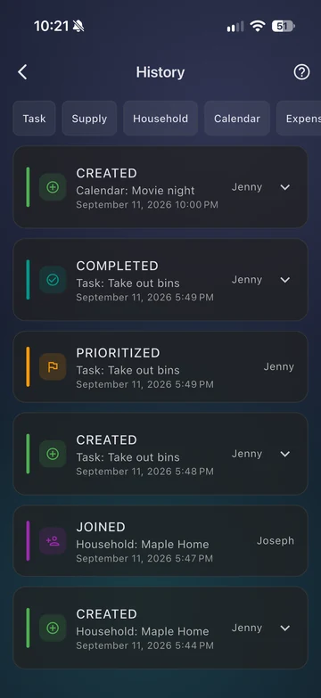 Household activity history showing completed tasks and calendar changes