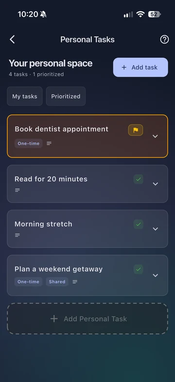 Private personal tasks, including a dentist appointment and reading