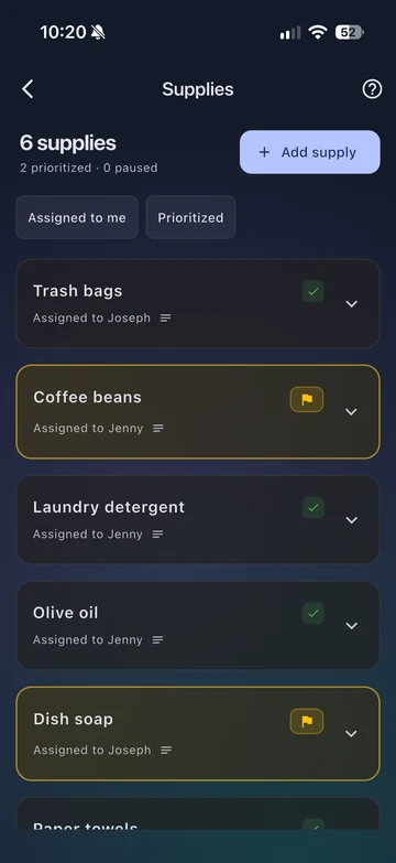Household supplies, including coffee beans and dish soap marked as priorities