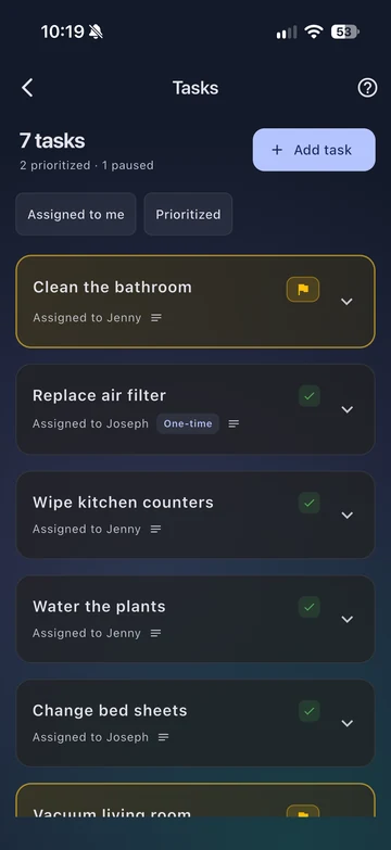 Shared tasks with assignments, recurring schedules, and priority flags